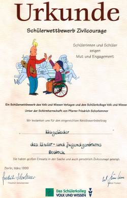 Urkunde für das Videoprojekt des Kinder- und Jugendzentrum Evershagen 