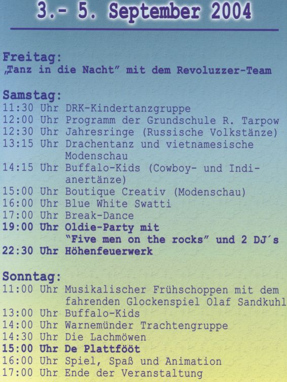 Programm des dritten Stadtteilfestes des Rostocker Nordwestens im Fischerdorf